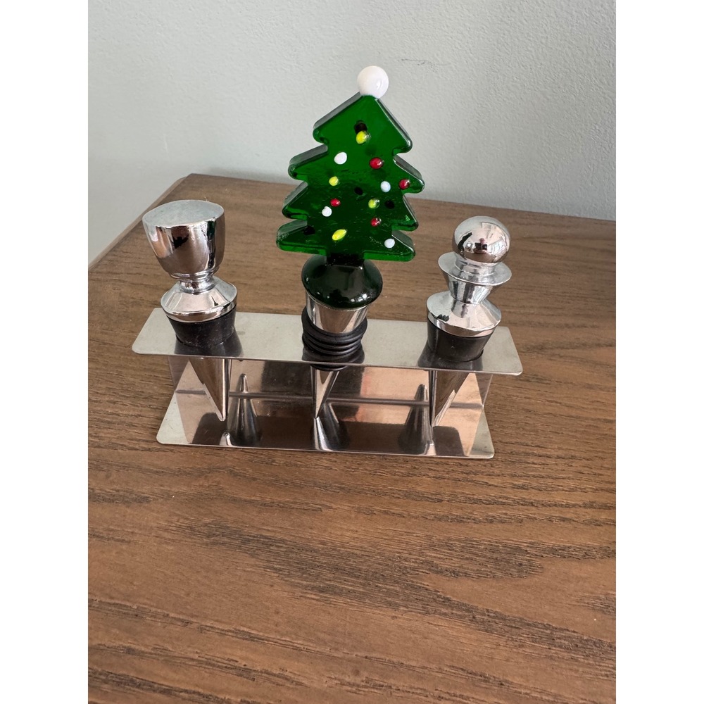 Christmas Tree Wine Bottle Stopper Set with Holder Holiday Bar Decor